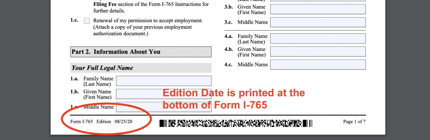 Form I-765 Edition Date Example