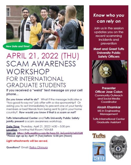 Scam awareness workshop flyer with date, time and location of event