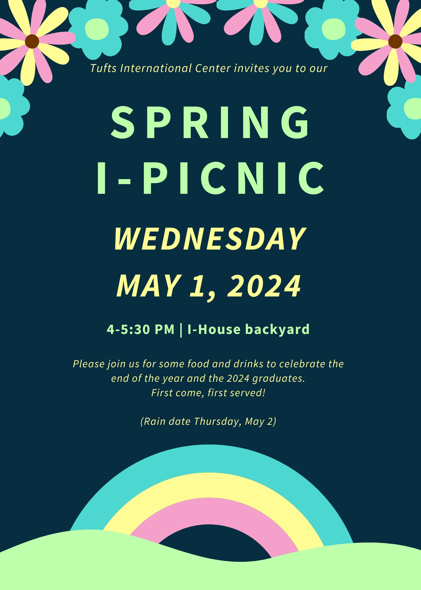 Invitation for spring I-Picnic with flowers and rainbow